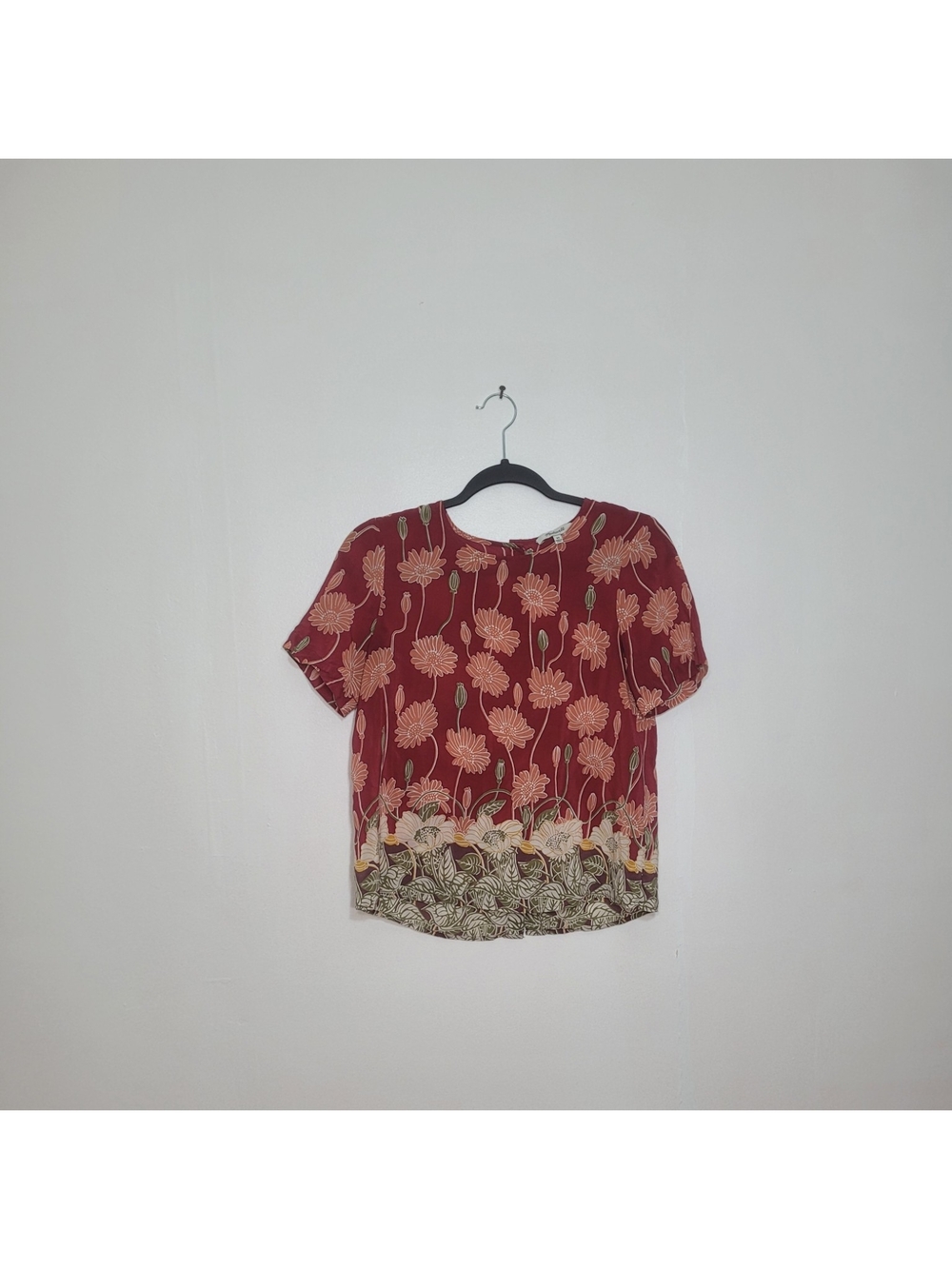 Madewell Red Floral Button Back Short Sleeve Top Women XS